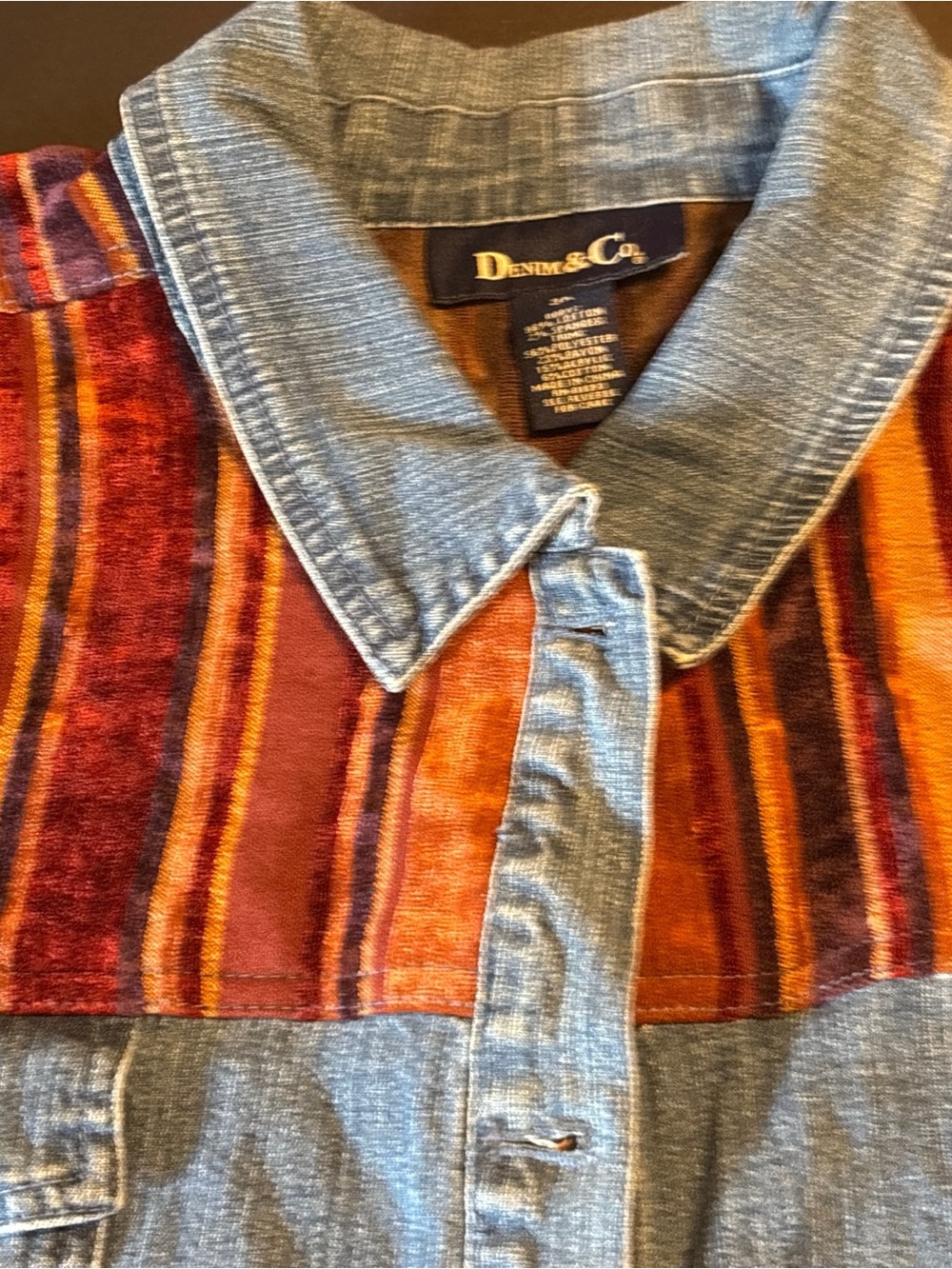 Denim & Co. 3X Denim Jacket Striped Velvet Chenille Yoke Stretch Boho Western - Picture 2 of 4